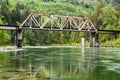 Skykomish River at Big Eddy near Gold Bar and rail bridge Royalty Free Stock Photo