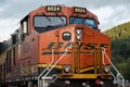 Closeup of cab nose of BNSF ES44C4 freight locomotive