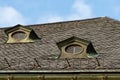 Skylights on a brown tiled roof against the sky traditional building in europe Royalty Free Stock Photo