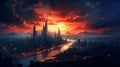 A skyline ablaze with glow of energy crisscrossing between towering structures