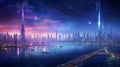 A skyline with the glow of holographic an ethereal the backdrop of towering