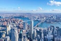 Skyline aerial view of Manhattan with skyscrapers, East River, Brooklyn Bridge and Manhattan Bridge - New York, USA Royalty Free Stock Photo