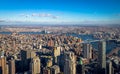 Skyline aerial view of Manhattan with skyscrapers, East River, Brooklyn Bridge and Manhattan Bridge - New York, USA Royalty Free Stock Photo