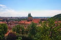 Skyline aerial view of old town Prague, ancient buildings and red tile roofs against blue sky. Spring sunny day.