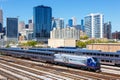 Skyline with Amtrak Midwest passenger train railway near Union Station in Chicago, United States