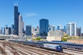 Skyline with Amtrak Midwest passenger train railway near Union Station in Chicago, United States