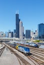 Skyline with Amtrak Southwest Chief passenger train railway near Union Station in Chicago, United States