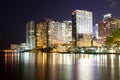 Skyline of apartment buildings at Brickell district in Miami at night