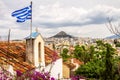 Skyline of Athens, scenic view from Anafiotika in Plaka district, Greece. Plaka is famous tourist attraction of Athens Royalty Free Stock Photo
