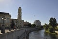 Skyline of bank of River Crisul Repede from Oradea City in Romania. Royalty Free Stock Photo