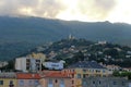 the skyline of Bastia, the city in the northeast, at the base of the Cap Corse, seen from the dock of the main port of the island