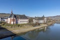 Skyline of Bernkastel-Kues with river Mosel and Cusanus Stift Royalty Free Stock Photo