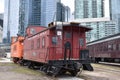 Skyline with big skyscrapers and ancient colorful trains in Toronto, Canada