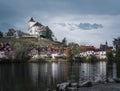 Skyline of Buchs with Werdenberg Castle, Werdenberg Lake and Alps Mountains on background - Buchs, Switzerland