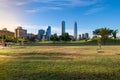 Skyline of buildings at Vitacura and Providencia districts from Parque Bicentenario, Santiago Royalty Free Stock Photo