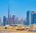 The skyline with Burj Khalifa and Business Bay towers, on March 6 in Dubai, UAE Royalty Free Stock Photo