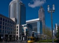 Skyline of business buildings and Trade Fair Tower in Frankfurt, Germany Royalty Free Stock Photo