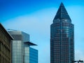 Skyline of business buildings and Trade Fair Tower in Frankfurt, Germany Royalty Free Stock Photo