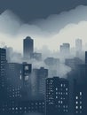 The skyline of a bustling cityscape shrouded in a perpetual fog that never quite dissipates. Gothic art. AI generation Royalty Free Stock Photo