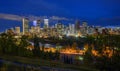 Skyline of Calgary with Bow River in Canada at night Royalty Free Stock Photo