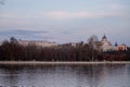 Skyline of Casa de Campo Lake in Madrid, Spain. Almudena Cathedral and the Royal Palace. 12th March 2023 Royalty Free Stock Photo