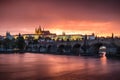 Skyline of Charles bridge and Prague castle on Vltava river during afternoon. Storm clouds with red color. Old Town, Prague, Royalty Free Stock Photo