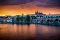 Skyline of Charles bridge and Prague castle on Vltava river during afternoon. Storm clouds with red color. Old Town, Prague, Euro Royalty Free Stock Photo