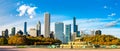 Skyline of Chicago and Buckingham Fountain at Grant Park in Illinois, United States Royalty Free Stock Photo