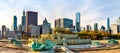 Skyline of Chicago and Buckingham Fountain at Grant Park in Illinois, United States Royalty Free Stock Photo