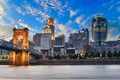 Skyline of Cincinnati, Ohio and the John A Roebling Suspension B