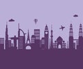 Skyline city airplane air balloon architecture urban scene silhouette