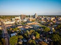 Skyline of the city of Greensboro under a blue sky in North Carolina