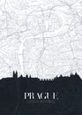 Skyline and city map of Prague, detailed urban plan vector print poster