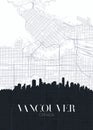 Skyline and city map of Vancouver, detailed urban plan vector print poster
