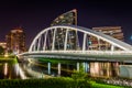 Skyline of Columbus, Ohio from Bicentennial Park bridge at Night