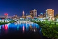 Skyline of Columbus, Ohio from Bicentennial Park bridge at Night