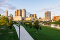 Skyline of Columbus, Ohio from Bicentennial Park bridge at Night