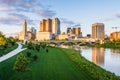 Skyline of Columbus, Ohio from Bicentennial Park bridge at Night Royalty Free Stock Photo