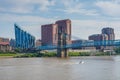 The skyline of Covington and John A. Roebling Suspension Bridge, in Cincinnati, Ohio