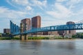 The skyline of Covington and John A. Roebling Suspension Bridge, in Cincinnati, Ohio