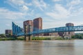 The skyline of Covington and John A. Roebling Suspension Bridge, in Cincinnati, Ohio Royalty Free Stock Photo