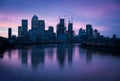 Skyline at dawn, London, Canary Wharf Royalty Free Stock Photo