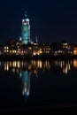 Skyline Deventer on river De IJssel by night, Lebuinus church Royalty Free Stock Photo