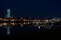 Skyline Deventer on river De IJssel by night, Lebenius church