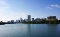 The skyline of downtown Austin Texas from the boardwalk on Lady Bird Lake Royalty Free Stock Photo