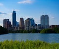 The skyline of downtown Austin Texas from the boardwalk on Lady Bird Lake Royalty Free Stock Photo