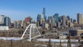 Skyline of Downtown Edmonton with the Walterdale Bridge in the view in the morning with blue sky