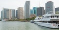 The skyline of downtown Miami with modern yachts docked