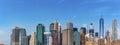 Skyline of downtown New York and Lower Manhattan in New York City, USA seen through the cables of the Brooklyn Bridge Royalty Free Stock Photo