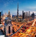 Skyline of Dubai bussines downtown at sunrise, United Arab Emirates